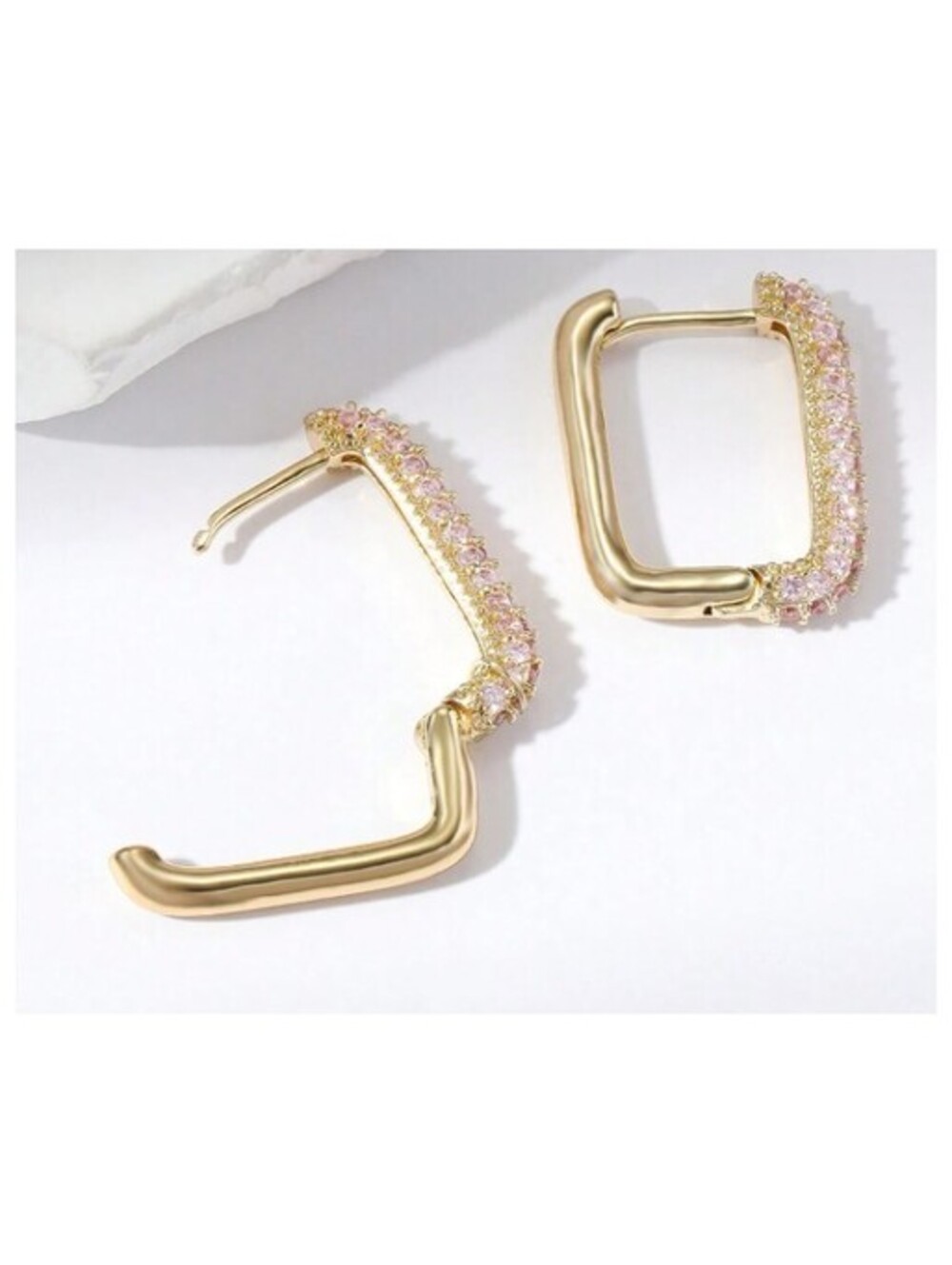 Pave rectangle hoop - Earrings - Silver - CZs - 1" - Picture 3 of 4